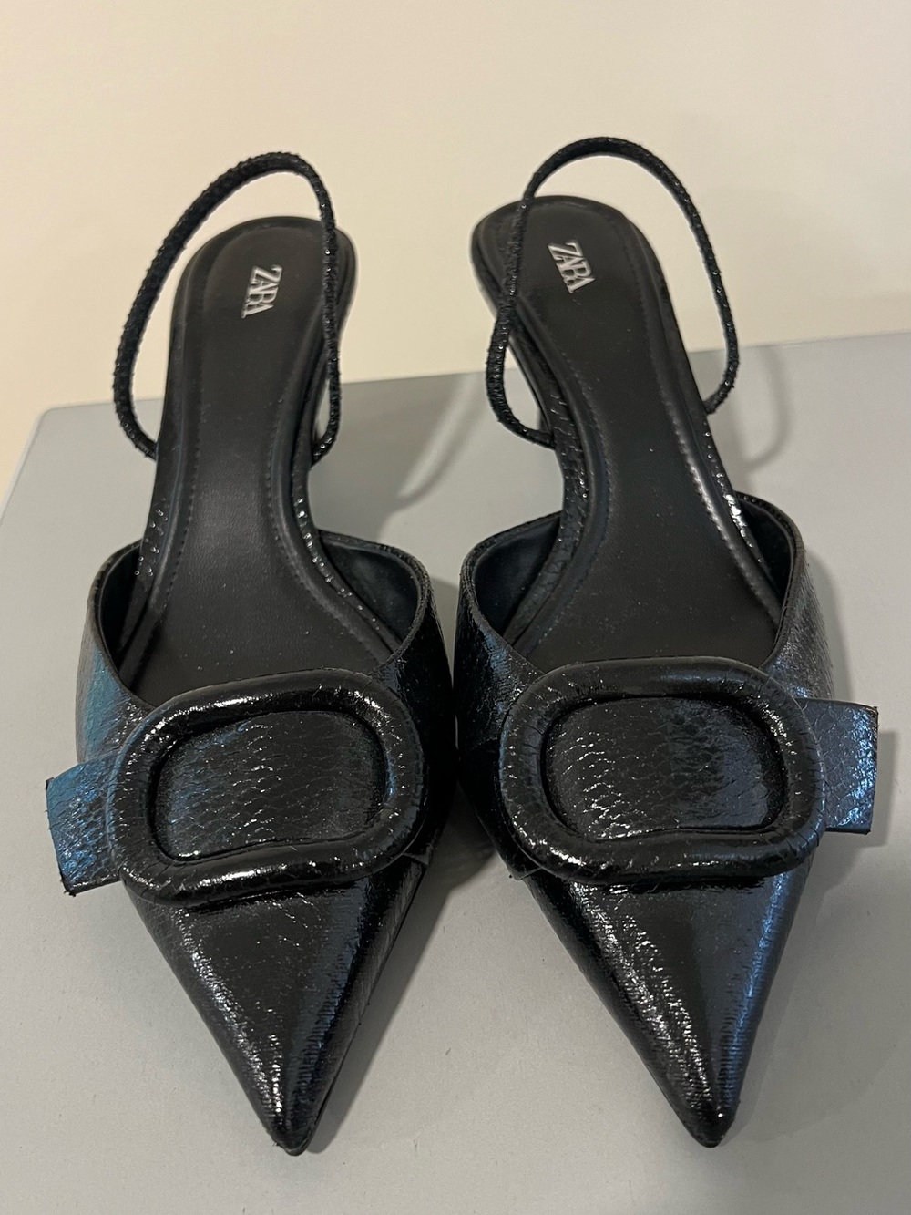 Zara Black Pointed Slingback Flats with Oval Buckle